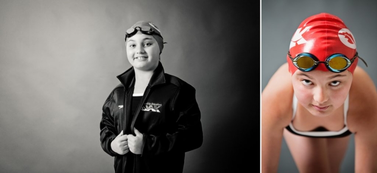 pre-teen swimmer poses in photo studio